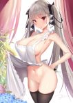  1girl apron armpits azur_lane bangs bare_shoulders black_legwear blush breasts christmas cleavage collarbone eyebrows_visible_through_hair formidable_(azur_lane) grey_hair groin hair_ribbon highres holding_whisk indoors large_breasts long_hair looking_at_viewer naked_apron navel open_mouth red_eyes ribbon shiny shiny_skin sidelocks skindentation solo stomach thighhighs twintails two-tone_ribbon very_long_hair zotari 