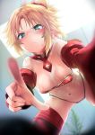  1girl blonde_hair bra braid breasts detached_collar detached_sleeves fate/grand_order fate_(series) french_braid green_eyes hair_ornament hair_scrunchie highres indoors looking_at_viewer mordred_(fate) mordred_(fate)_(all) mozu_(peth) navel panties pointing pointing_at_viewer ponytail red_bra red_panties red_scrunchie revealing_clothes scrunchie sidelocks small_breasts solo strapless strapless_bra thighhighs underwear 