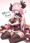  1girl bare_shoulders black_gloves black_legwear blue_eyes braid breasts closed_mouth draph fang fang_out garter_straps gloves granblue_fantasy hair_over_one_eye heart heart-shaped_pupils highres horns large_breasts lavender_hair long_hair looking_at_viewer merry_christmas narmaya_(granblue_fantasy) oopartz_yang pointy_ears sitting sleeveless smile solo symbol-shaped_pupils thighhighs very_long_hair 