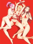  3girls :d armpits arms_up ass back barefoot bell bikini blonde_hair blue_eyes blush bound bound_wrists bow breasts cellphone cleavage earrings eyeliner fang forehead frown gyaru hair_ornament hairclip jewelry looking_at_viewer makeup micro_bikini multiple_girls navel open_mouth original phone ponytail purple_hair purple_nails red_background red_bikini red_nails simple_background small_breasts smartphone smile spread_legs suruga_kreuz swimsuit twintails 