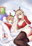  2girls antlers black_legwear blue_eyes box breasts capelet christmas fake_antlers fur-trimmed_capelet fur_trim gift gift_box hairband highres large_breasts lexington_(warship_girls_r) light_brown_hair long_hair looking_at_viewer lying merry_christmas multiple_girls on_back on_bed on_side phelps_(warship_girls_r) pillow platinum_blonde_hair red_capelet red_hairband reindeer_antlers santa_costume sidelocks smile thighhighs warship_girls_r white_legwear xiao_qi 