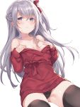  1girl bare_shoulders black_legwear black_panties bow braid breasts closed_mouth collarbone commentary_request covering covering_breasts dress grey_hair hair_bow highres kurasawa_moko long_hair long_sleeves looking_at_viewer medium_breasts off-shoulder_sweater off_shoulder one_side_up original panties purple_eyes red_sweater sidelocks simple_background solo sweat sweater sweater_dress thighhighs underwear white_background 