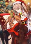  2girls absurdres bangs belt black_legwear blurry blurry_background blush breasts brown_hair brown_legwear christmas_tree dress eyebrows_visible_through_hair fake_antlers fur-trimmed_dress girls_frontline gloves grey_hair hair_between_eyes hair_ornament hairclip highres long_hair looking_at_viewer multiple_girls noixen one_side_up pantyhose red_dress santa_costume scar scar_across_eye smile thighhighs twintails ump45_(girls_frontline) ump9_(girls_frontline) yellow_eyes 