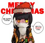  1girl aiming_at_viewer christmas christmas_gift english_text fake_beard fake_facial_hair girls_frontline gun hat heterochromia highres hinagi_(fox_priest) merry_christmas ro635 ro635_(girls_frontline) santa_hat solo speech_bubble submachine_gun weapon 