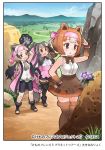  3girls :d animal_ears apron arm_up bangs bare_arms bare_shoulders bear_ears bear_girl bear_paw_hammer bergman&#039;s_bear_(kemono_friends) black_bow black_hair black_legwear black_neckwear black_skirt bow bowtie breast_pocket brown_bow brown_eyes brown_legwear brown_neckwear brown_skirt buttons coat collared_shirt company_name copyright day empty_eyes extra_ears eyebrows_visible_through_hair ezo_brown_bear_(kemono_friends) flower frilled_skirt frills fur_trim grey_hair grey_neckwear hand_on_hip headband high-waist_skirt high_collar high_ponytail holding holding_weapon kemono_friends kemono_friends_3 kodiak_bear_(kemono_friends) long_hair looking_at_another medium_hair microskirt miniskirt multicolored_hair multiple_girls necktie official_art open_clothes open_coat open_mouth open_toe_shoes outdoors over_shoulder pink_apron pink_bow pink_coat pocket ponytail shirt shoes short_twintails sidelocks skirt sleeveless sleeveless_shirt smile standing standing_on_one_leg swept_bangs taku_(fishdrive) thighhighs toes torn_clothes torn_sleeves twintails very_long_hair weapon weapon_over_shoulder white_shirt wing_collar wrist_bow wrist_cuffs zettai_ryouiki 