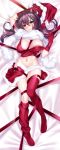  1girl absurdres azur_lane bangs bed_sheet blush bow breasts brown_hair christmas commentary_request elbow_gloves eyebrows_visible_through_hair full_body fur-trimmed_hat fur-trimmed_skirt fur_trim gloves groin hair_between_eyes hair_bow hair_ornament hairclip hat hat_removed headwear_removed highres horns ken_ill knees_together_feet_apart large_breasts long_hair looking_at_viewer low_twintails midriff nagara_(azur_lane) navel off_shoulder on_bed parted_lips red_gloves red_legwear red_ribbon red_tank_top ribbon santa_hat smile solo sweat thighhighs thighhighs_pull twintails wardrobe_malfunction yellow_eyes 