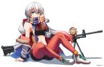  animal anthropomorphism girls_frontline gray_hair gun long_hair lwmmg_(girls_frontline) ndtwofives pantyhose scarf shorts signed twintails weapon white 