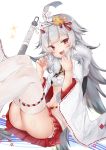  1girl alternate_costume anchor azur_lane budget_sarashi commentary_request grey_hair hair_ornament hibiki_(azur_lane) highres horns japanese_clothes long_hair long_sleeves looking_at_viewer navel nayuta_hilo open_clothes open_mouth red_eyes sarashi simple_background solo thighhighs weapon white_background white_legwear 