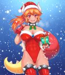  1girl abs ass_visible_through_thighs bare_shoulders bell bell_collar bell_earrings black_collar blush bowsette bracelet breasts breath brown_hair burbur cameltoe christmas cleavage collar collarbone covered_nipples cowboy_shot dark_skin earrings eyebrows_visible_through_hair fingernails fur_trim gift groin hat high_ponytail highleg highleg_leotard holding holding_gift horns impossible_clothes jewelry large_breasts leotard licking_lips long_hair looking_at_viewer mario_(series) new_super_mario_bros._u_deluxe open_mouth over_shoulder pointy_ears ponytail red_eyes red_nails sack santa_costume santa_hat seductive_smile sharp_fingernails sharp_teeth sidelocks smile snowing solo spiked_bracelet spiked_collar spiked_shell spiked_tail spiked_thighlet spikes stomach strapless strapless_leotard tail teeth thighhighs thighlet toned tongue tongue_out turtle_shell watermark 
