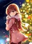  1girl alternate_costume blush brown_eyes brown_hair brown_skirt buttons christmas christmas_tree coat eyebrows_visible_through_hair highres jewelry kantai_collection long_hair long_sleeves night night_sky ooi_(kantai_collection) plaid plaid_skirt ring skirt sky smile solo soramuko star_(sky) starry_sky wedding_band 