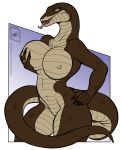 2012 absurd_res amber_eyes anthro bedroom_eyes big_breasts breasts brown_body brown_skin digital_media_(artwork) female forked_tongue half-closed_eyes hand_on_hip hi_res holding_breast long_tongue narrowed_eyes navel nipples non-mammal_breasts nude reptile ring scalie seductive simple_background slit_pupils snake solo tongue tongue_out walter_sache 