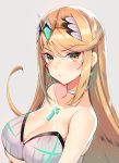  1girl akahito arm_support bare_arms bare_shoulders bed_sheet blonde_hair blush breasts closed_mouth commentary_request covered_navel earrings fingernails grey_background highres hikari_(xenoblade_2) jewelry large_breasts long_hair looking_at_viewer neon_trim nintendo one-piece_swimsuit shiny shiny_hair shiny_skin simple_background solo swimsuit thighs tiara xenoblade_(series) xenoblade_2 yellow_eyes 