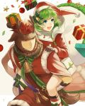  1boy 1girl antlers aym_(ash3ash3ash) bell blue_eyes bow box brown_eyes brown_gloves brown_hair carrying christmas_ornaments closed_mouth fire_emblem fire_emblem:_the_blazing_blade fire_emblem_heroes fur_trim gift gift_box gloves green_hair hat holding jaffar_(fire_emblem) long_sleeves nino_(fire_emblem) open_mouth piggyback pom_pom_(clothes) red_headwear reindeer_antlers santa_costume santa_hat short_hair 
