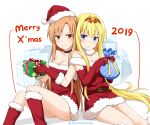  2019 2girls alice_schuberg asuna_(sao) bangs bare_shoulders blue_eyes blush boots breasts brown_eyes cleavage commentary dress elbow_gloves felutiahime fur_trim gift gloves hair_between_eyes hairband hat highres holding holding_gift large_breasts looking_at_viewer merry_christmas multiple_girls red_footwear red_gloves red_hairband red_ribbon ribbon santa_dress santa_hat sleeveless sleeveless_dress strapless strapless_dress sword_art_online_alicization 