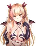  1girl armpit_crease bangs bare_shoulders bat_wings blonde_hair blush breasts choker cleavage closed_mouth collarbone criss-cross_halter demon_girl demon_horns elbow_gloves eyebrows_visible_through_hair fang fang_out frown gentsuki gloves groin hair_ribbon halterneck hand_on_hip horns lily_(gentsuki) long_hair looking_at_viewer medium_breasts navel orange_eyes original playing_with_own_hair pointy_ears purple_ribbon revealing_clothes ribbon shachiku_succubus_no_hanashi sidelocks simple_background solo succubus tail thick_eyebrows title very_long_hair white_background wings 