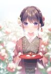  1girl amamine blurry blurry_background blurry_foreground blush braid brown_hair closed_mouth commentary_request depth_of_field flower hair_bun hair_flower hair_ornament holding holding_tray japanese_clothes kimono obi open_clothes original purple_eyes red_flower sash sidelocks signature smile solo tray upper_body white_flower 