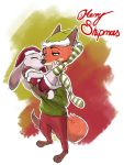  2019 abstract_background ambiguous_gender anthro barefoot canid canine cheek_tuft christmas clothed clothing costume cradling dipstick_ears disney duo english_text eyes_closed facial_tuft fox half-closed_eyes hat headgear headwear holidays inner_ear_fluff judy_hopps kissing lagomorph legwear leporid mammal multicolored_ears narrowed_eyes nick_wilde outline pattern_clothing pattern_legwear rabbit red_fox robcivecat santa_costume santa_hat simple_background socks standing striped_clothing striped_legwear striped_socks stripes text thigh_highs thigh_socks tuft white_background white_outline zootopia 