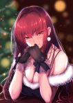  1girl bangs bare_shoulders black_gloves blurry blurry_background blush breasts christmas_tree cleavage commentary_request earrings eyebrows_visible_through_hair fate/grand_order fate_(series) fur-trimmed_dress gloves hair_between_eyes hands_together jewelry large_breasts long_hair looking_at_viewer parted_lips purple_hair red_eyes saboten_teishoku scathach_(fate)_(all) scathach_(fate/grand_order) sitting smile solo upper_body 