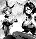  2girls animal_ears boudica_(fate/grand_order) breasts bunny_ears bunny_tail bunnysuit detached_collar fate/grand_order fate_(series) greyscale highres ishida_akira large_breasts minamoto_no_raikou_(fate/grand_order) monochrome multiple_girls one_eye_closed pantyhose tail tray wrist_cuffs 