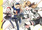  3girls animal_ears black_dress black_legwear blonde_hair blue_coat blue_eyes blue_headwear blue_skirt bushman_idw cat_ears character_name coat dress fingerless_gloves girls_frontline gloves gun h&amp;k_mp5 hat headset holding holding_gun holding_weapon idw_(girls_frontline) long_hair long_sleeves mp5_(girls_frontline) multiple_girls necktie open_mouth panties police_hat ress serbu_super-shorty shotgun skirt sleeves_rolled_up submachine_gun super_shorty_(girls_frontline) underwear weapon white_hair 