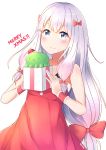  1girl bangs bare_shoulders blue_eyes blush bow box closed_mouth commentary dress eromanga_sensei eyebrows_visible_through_hair gift gift_box hair_bow holding holding_gift izumi_sagiri long_hair merry_christmas red_bow red_dress sidelocks silver_hair simple_background sleeveless sleeveless_dress smile solo stuffed_animal stuffed_octopus stuffed_toy sylphine symbol_commentary very_long_hair white_background wrist_cuffs 