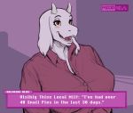  big_breasts blush bodily_fluids boss_monster bovid breasts caprine clothed clothing deltarune dialogue female fur greasymojo hi_res horn interview makeup mammal mature_female news parody shirt sweat topwear toriel undertale video_games white_body white_fur 