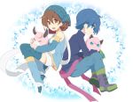  1boy 1girl :d back-to-back bandana blue_eyes blue_hair boots breasts brown_eyes brown_hair closed_eyes commentary_request detached_sleeves gen_1_pokemon hair_between_eyes holding holding_pokemon hug jigglypuff long_sleeves looking_at_viewer looking_to_the_side medium_hair mint_(pokemon) open_mouth pants pokemon pokemon_(creature) pokemon_card_gb pokemon_on_lap pokemon_trading_card_game rando_(pokemon) shoes sitting small_breasts smile tarrsu_eee wigglytuff 