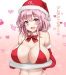  1girl :d amagi_(amagi626) bangs bare_shoulders bikini blush bow bowtie breasts christmas commentary_request detached_collar elbow_gloves eyebrows_visible_through_hair fur-trimmed_gloves fur_trim gloves gradient gradient_background hat heart highres large_breasts looking_at_viewer open_mouth pink_background pink_eyes pink_hair red_bikini red_bow red_gloves red_headwear red_neckwear saigyouji_yuyuko santa_bikini santa_hat short_hair smile solo sparkle stomach swimsuit touhou translation_request upper_body white_background 