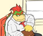  2017 anthro bottomwear bowser clothing cute_fangs humanoid_hands kamui_shirow koopa male mario_bros necktie nintendo overweight overweight_male pants scalie shirt sitting solo topwear video_games 