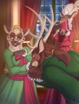  2019 amber_eyes antlers blush cervid clothing conditional_dnp dress green_eyes hair hi_res horn kissing_hand long_hair mammal ponytail scappo story story_in_description window 