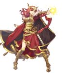  1girl alternate_costume armor armored_boots belt boots breasts cape celica_(fire_emblem) cleavage earrings fire_emblem fire_emblem_echoes:_shadows_of_valentia fire_emblem_heroes full_body fur_trim hairband highres jewelry long_hair magic official_art red_eyes red_hair shield solo sparkle sword teeth transparent_background umiu_geso weapon 