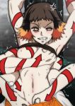  1girl anger_vein angry armpits arms_up black_hair blush breast_grab breasts clenched_teeth demon extra_arms fangs forced grabbing kimetsu_no_yaiba lifted_by_self mark_gavatino midriff multicolored_hair muscle muscular_female nipples no_bra orange_hair short_hair solo strapless susamaru_(kimetsu_no_yaiba) sweat sweatdrop teeth toned trembling tubetop tubetop_lift two-tone_hair wince yellow_eyes 