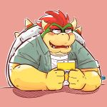  1:1 2016 anthro blush bowser clothing eyes_closed eyewear glasses hi_res kamui_shirow koopa male mario_bros nintendo overweight overweight_male scalie shirt simple_background solo topwear video_games 