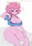  &lt;3 2019 5_fingers areola ashido_mina barely_visible_genitalia barely_visible_pussy black_sclera bottomless breasts clothed clothing female fingers hair hand_behind_head hi_res humanoid jinu looking_at_viewer my_hero_academia navel not_furry patreon pink_hair pussy shirt short_hair smile solo text topwear url yellow_eyes 