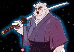  2018 absurd_res anthro blush clothing fur hi_res kamui_shirow male mammal melee_weapon overweight overweight_male polar_bear robe solo sword ursid ursine weapon white_body white_fur 