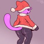  1:1 2019 anthro butt christmas clothed clothing eyes_closed felid feline fluffyfrumples fur hat headgear headwear holidays male mammal purple_body purple_fur santa_hat signature simple_background solo 