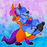  1:1 2019 anthro black_body black_fur blue_body blue_fur blue_hair blue_the_mad_roo canid canine canis cub dex_blueberry digital_media_(artwork) duo eyes_closed fluffy fluffy_tail fox fur green_eyes hair hi_res hug hugging_from_behind hybrid kangaroo macropod male male/male mammal marsupial one_eye_closed open_mouth orange_body orange_fur outline owl_patch pawpads paws pink_hair purple_body purple_fur smile suspension toes tongue wolf young 
