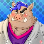  2018 anthro blush brown_body brown_fur clothed clothing fur kamui_shirow mammal portrait solo suid suina sus_(pig) wild_boar 