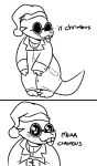  2015 alphys anthro big_eyes black_and_white blep blush buckteeth christmas clothing coat comic cute_eyes dialogue eyewear female front_view glasses hands_together hat headgear headwear holiday_message holidays lab_coat line_art lizard monochrome pigeon_toed pixylbyte puppy_eyes reptile santa_hat scalie solo standing teeth text thick_tail tongue tongue_out topwear undertale video_games 