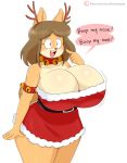  2019 5_fingers big_breasts blue_eyes breasts brown_hair canid canine canis christmas clothing dialogue domestic_dog english_text female fingers hair hi_res holidays huge_breasts jinu june_(jinu) mammal open_mouth patreon shiba_inu short_hair simple_background solo speech_bubble spitz teeth text tooth_gap url white_background 