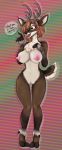  2019 absurd_res anthro antlers big_breasts black_nose blush breasts butt_from_the_front capreoline cervid christmas dialogue female green_eyes hair hi_res holidays hooves horn implied_transformation mammal nipples nude open_mouth pussy reindeer short_hair simple_background smile solo standing wilderlove 