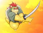  2018 anthro blush bowser clothing hi_res humanoid_hands kamui_shirow koopa male mario_bros melee_weapon nintendo robe scalie solo sword underwear video_games weapon 