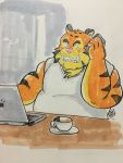  2017 anthro blush clothing computer felid hi_res kamui_shirow male mammal overweight overweight_male pantherine phone pink_nose shirt sitting solo teeth tiger topwear 