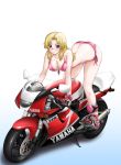  1girl bangs bikini blonde_hair blue_background blue_eyes blush boots breasts closed_mouth commentary_request front-tie_bikini front-tie_top gloves gradient gradient_background ground_vehicle highres large_breasts leaning_forward logo looking_at_viewer motor_vehicle motorcycle original parted_bangs pink_bikini pink_footwear pink_gloves riding shadow side-tie_bikini smile solo swimsuit yamaha yamaha_tzr250r yts_takana 