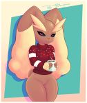  2019 anthro beverage bottomless clothed clothing digital_media_(artwork) female happy hi_res holding_beverage holding_object hot_cocoa looking_at_viewer lopunny mammal nintendo pok&eacute;mon pok&eacute;mon_(species) portrait pose pussy redbenjamin small_waist smile solo three-quarter_portrait video_games 