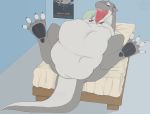  2018 4_toes abdominal_bulge anthro armorine bed belly big_belly big_tongue biped black_claws bodily_fluids claws cum cum_drip detailed_background digital_drawing_(artwork) digital_media_(artwork) dragon dripping eyes_closed faceless_character fingers front_view furniture genital_fluids grey_body grey_eyes grey_skin group hi_res inside looking_pleasured lying mammal nude on_back on_bed open_mouth oral_vore pawpads paws poster saliva saliva_string soft_vore solo solo_focus spread_legs spreading symbol three-quarter_view toes unseen_character vore watermark white_body white_skin wingless_dragon 