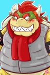  2018 anthro blush bowser hi_res kamui_shirow koopa mario_bros nintendo scalie scarf simple_background solo video_games 