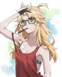  1girl ahoge alternate_costume alternate_hairstyle bandages black-framed_eyewear black_bra black_gloves blonde_hair bra breasts cleavage fate/grand_order fate_(series) glasses gloves green_eyes hand_in_hair highres long_hair medium_breasts messy_hair mordred_(fate)_(all) mouth_hold red_tank_top sketch solo tank_top tonee underwear 