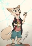  2018 absurd_res anthro barefoot black_nose blue_eyes bottomwear canid canine clothed clothing disney fox fully_clothed fur head_tuft hi_res holding_object inner_ear_fluff laser_pointer mammal neck_tuft open_mouth open_smile pants sharp_teeth shirt skye_(zootopia) smile solo standing tan_body tan_fur teeth topwear tuft xx-junglebeatz-xx zootopia 