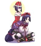  2girls anger_vein arms_behind_back bound bow breasts christmas closed_eyes commentary_request fate/grand_order fate_(series) gloves hat horns huge_breasts long_hair minamoto_no_raikou_(fate/grand_order) multiple_girls purple_eyes purple_hair restrained ribbon ribeiku santa_dress santa_hat short_hair shuten_douji_(fate/grand_order) smile tied_up toeless_legwear very_long_hair white_background 